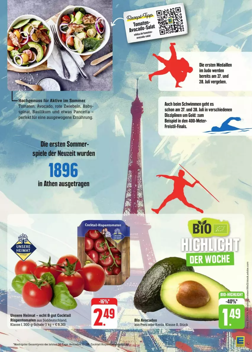 Aktueller Prospekt Edeka - Prospekte - von 20.07 bis 27.07.2024 - strona 25 - produkty: avocado, avocados, basilikum, bio, cocktail, eis, erde, reis, rispentomaten, Rote Zwiebel, salat, Schal, Schale, Spiele, spinat, Ti, tomate, tomaten, zwiebel, zwiebeln