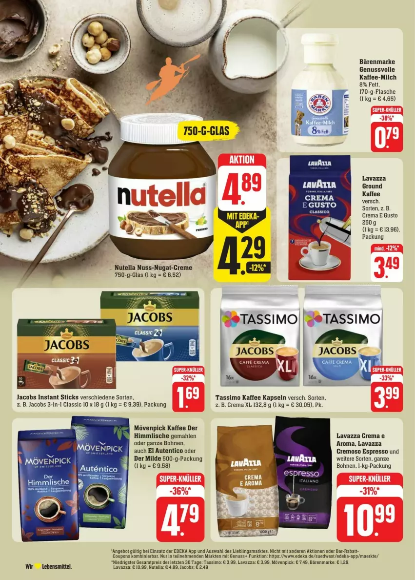 Aktueller Prospekt Edeka - Prospekte - von 20.07 bis 27.07.2024 - strona 26 - produkty: angebot, bärenmarke, bohne, bohnen, coupon, coupons, creme, deka, eis, espresso, flasche, jacobs, kaffee, lavazza, lebensmittel, milch, mövenpick, mövenpick kaffee, nuss, nuss-nugat-creme, nutella, reis, sim, tassimo, Ti, ZTE