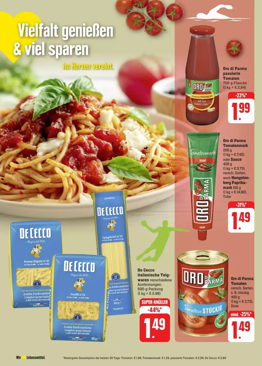 Aktueller Prospekt Edeka - Prospekte - von 20.07 bis 27.07.2024 - strona 28 - produkty: De Cecco, ecco, eis, flasche, lebensmittel, oro di parma, paprika, reis, sauce, tomate, tomaten, tomatenmark, ZTE