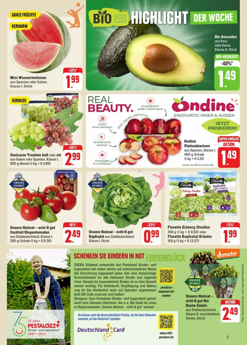 Aktueller Prospekt Edeka - Prospekte - von 20.07 bis 27.07.2024 - strona 3 - produkty: avocado, avocados, Bau, beutel, bier, Biere, bio, cocktail, deka, deutschlandcard, eis, florette, früchte, Kinder, kopfsalat, kräuter, mac, melone, melonen, mini wassermelonen, Nektar, nektarinen, reifen, ring, rispentomaten, salat, Schal, Schale, südwest, Ti, tisch, tomate, tomaten, trauben, wasser, wassermelone, wassermelonen, Yo