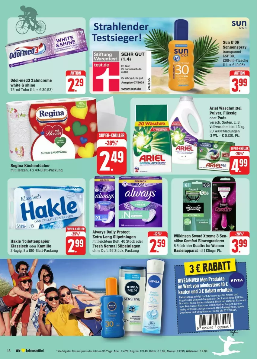 Aktueller Prospekt Edeka - Prospekte - von 20.07 bis 27.07.2024 - strona 30 - produkty: Alwa, Always, ariel, ariel waschmittel, creme, einwegrasierer, eis, flasche, gin, hakle, hakle toilettenpapier, Kamill, kamille, küche, Küchen, küchentücher, lebensmittel, Odol, papier, Pods, rasierapparat, rasierer, reis, slip, slipeinlagen, sonnenschutz, sonnenspray, Ti, toilettenpapier, tücher, vollwaschmittel, waschmittel, wilkinson, zahncreme, ZTE