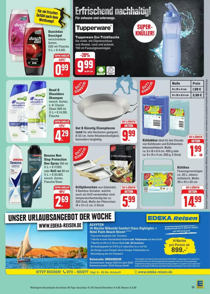 Aktueller Prospekt Edeka - Prospekte - von 20.07 bis 27.07.2024 - strona 31 - produkty: akku, angebot, angebote, bambus, deka, deo, deo spray, duschdas, duschgel, edelstahl, eis, flasche, grill, henkel, herdarten, kühlakku, kühlakkus, kühlbox, kühltasche, lebensmittel, pfanne, reis, rexona, roll-on, rwe, shampoo, Tasche, taschen, Ti, trinkflasche, Tupperware, ZTE