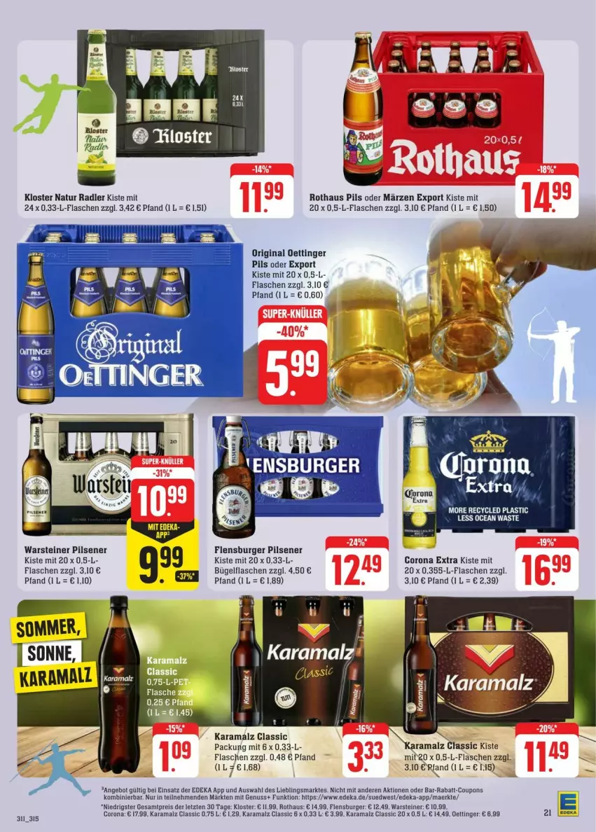 Aktueller Prospekt Edeka - Prospekte - von 20.07 bis 27.07.2024 - strona 33 - produkty: angebot, bügel, bügelflasche, burger, corona, corona extra, coupon, coupons, deka, eis, flasche, flensburger, gin, karamalz, malz, natur, natur radler, nuss, oettinger, pils, pilsener, rabatt-coupon, radler, rama, reis, steiner, Ti, warsteiner, ZTE