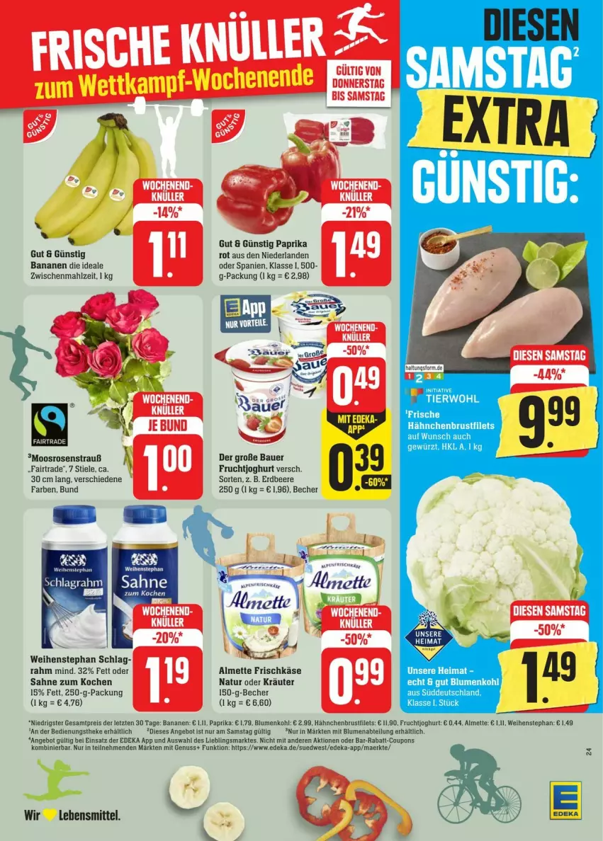 Aktueller Prospekt Edeka - Prospekte - von 20.07 bis 27.07.2024 - strona 36 - produkty: Abtei, almette, angebot, auer, banane, bananen, Bau, Bauer, Becher, beere, blume, blumen, brustfilet, coupon, coupons, deka, eier, eis, erdbeere, filet, filets, frischkäse, frucht, fruchtjoghurt, gewürz, hähnchenbrust, hähnchenbrustfilet, joghur, joghurt, Käse, kräuter, lebensmittel, Mett, natur, nuss, oder kräuter, paprika, rabatt-coupon, reis, rosen, Rosenstrauß, sahne, tee, Ti, weihenstephan, ZTE