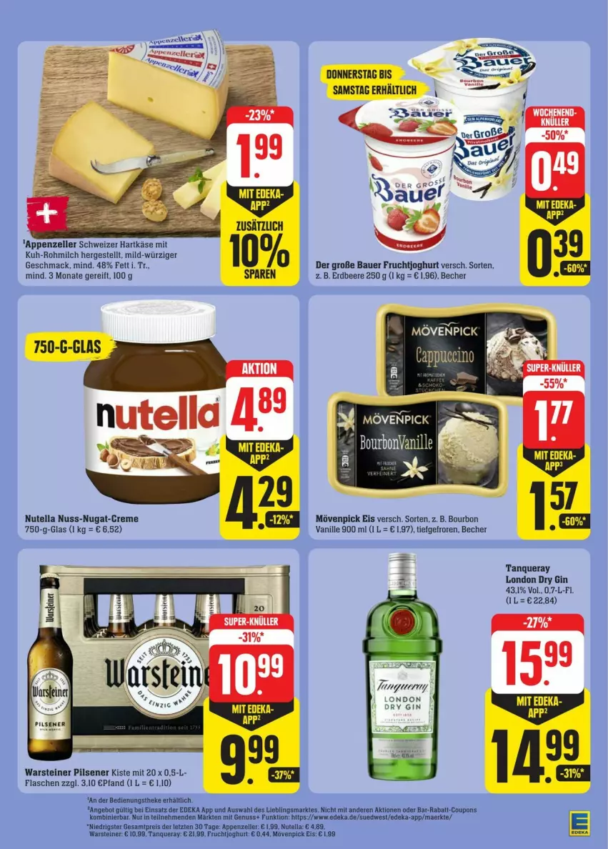 Aktueller Prospekt Edeka - Prospekte - von 20.07 bis 27.07.2024 - strona 39 - produkty: angebot, appenzeller, auer, Bau, Bauer, Becher, beere, bourbon, bourbon vanille, Cap, cappuccino, cin, creme, deka, dry gin, eis, elle, erdbeere, flasche, frucht, fruchtjoghurt, gin, hartkäse, joghur, joghurt, Käse, london dry, london dry gin, mac, milch, mövenpick, mövenpick eis, nuss, nuss-nugat-creme, nutella, pils, pilsener, reis, schweizer hartkäse, steiner, Tanqueray, Ti, vanille, warsteiner, ZTE