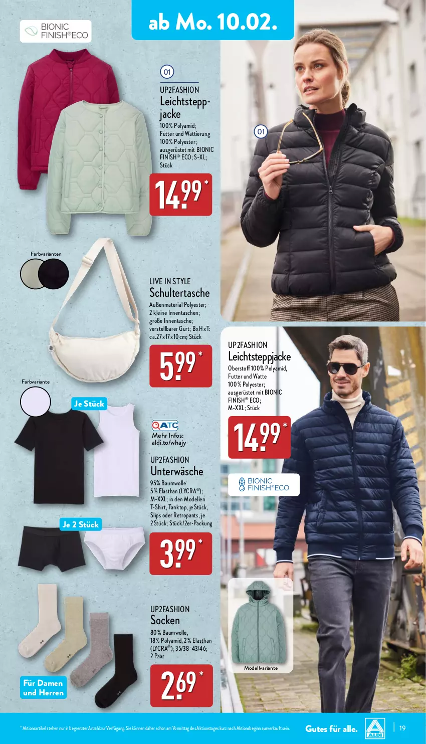 Aktueller Prospekt Aldi Nord - Von Montag - von 10.02 bis 15.02.2025 - strona 19 - produkty: aldi, Bau, baumwolle, bio, dell, elle, Finish, gin, Jacke, leine, Mode, Pants, Retropants, Ria, Schultertasche, shirt, slip, slips, socken, Steppjacke, T-Shirt, tanktop, Tasche, taschen, Ti, Unterwäsche, up2fashion, wolle, ZTE