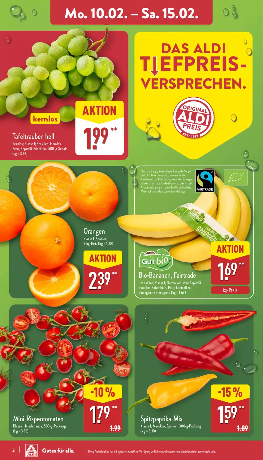 Aktueller Prospekt Aldi Nord - Von Montag - von 10.02 bis 15.02.2025 - strona 2 - produkty: aldi, auer, banane, bananen, Bau, Bauer, bio, bio-bananen, eis, mini-rispentomaten, orange, orangen, paprika, reis, rispentomaten, Schal, Schale, Spitzpaprika, tafeltrauben, Ti, tomate, tomaten, trauben, trolli, ZTE