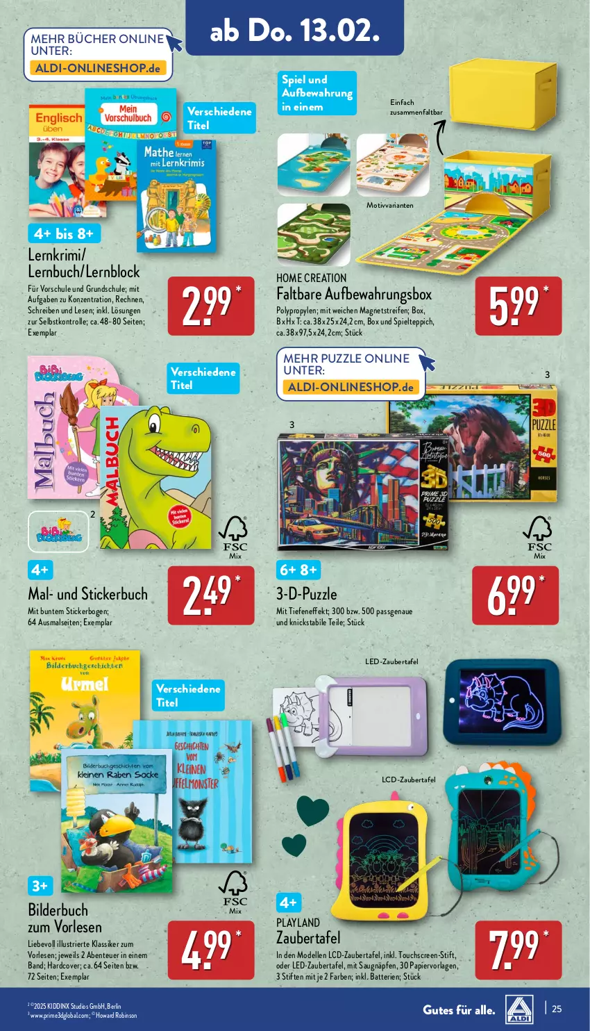 Aktueller Prospekt Aldi Nord - Von Montag - von 10.02 bis 15.02.2025 - strona 25 - produkty: aldi, aufbewahrungsbox, batterie, batterien, buch, dell, elle, ente, Magnets, Mode, papier, Puzzle, reifen, Ria, Stickerbuch, stifte, teppich, Ti, touchscreen, Zaubertafel