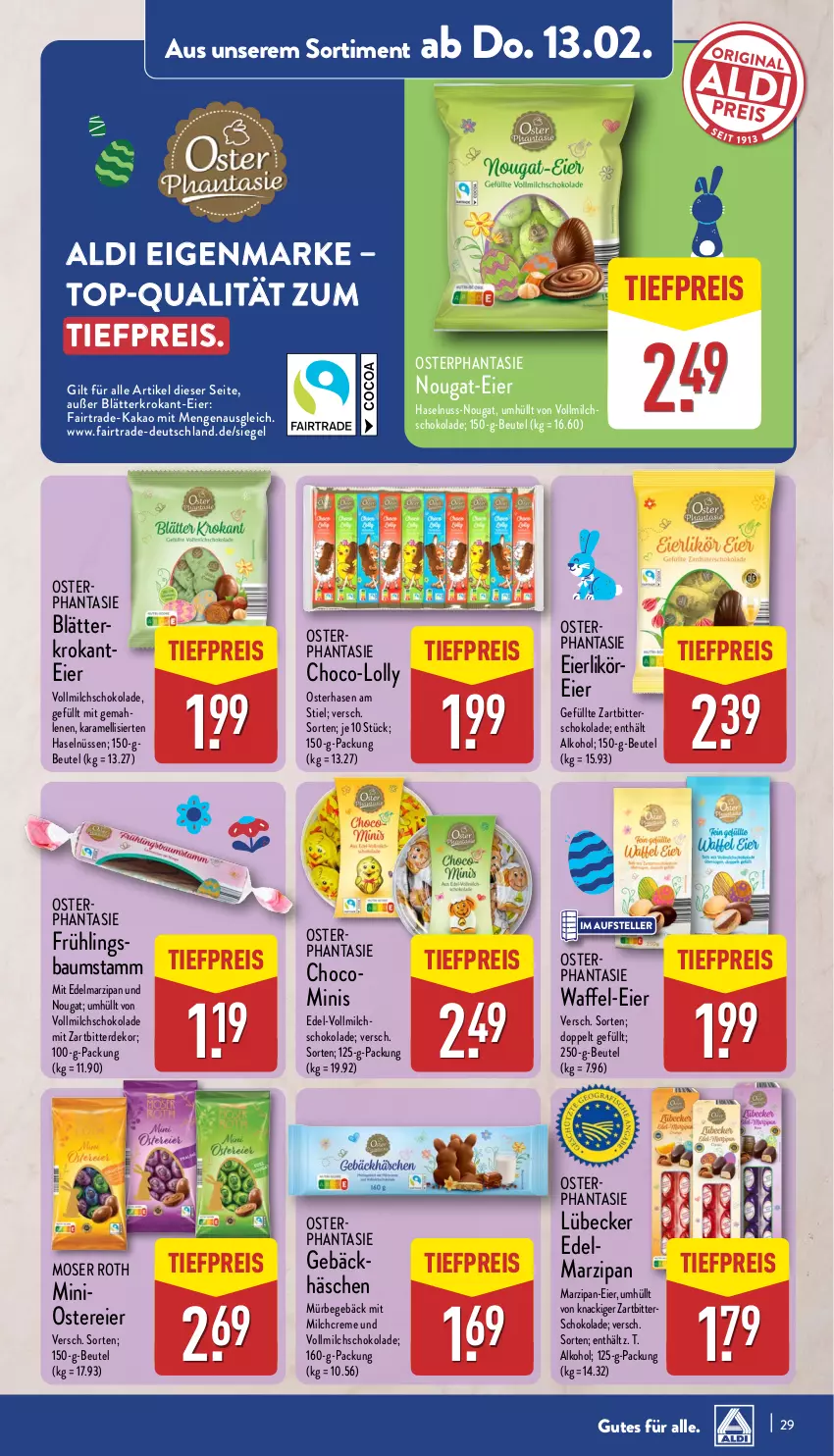 Aktueller Prospekt Aldi Nord - Von Montag - von 10.02 bis 15.02.2025 - strona 29 - produkty: aldi, alkohol, Bau, beutel, creme, Edelmarzipan, eier, eierlikör, eis, elle, erde, haselnuss, kakao, karamell, likör, Lübecker, marzipan, milch, moser, Moser Roth, nuss, reis, schoko, schokolade, teller, Ti, tiefpreis, vollmilch