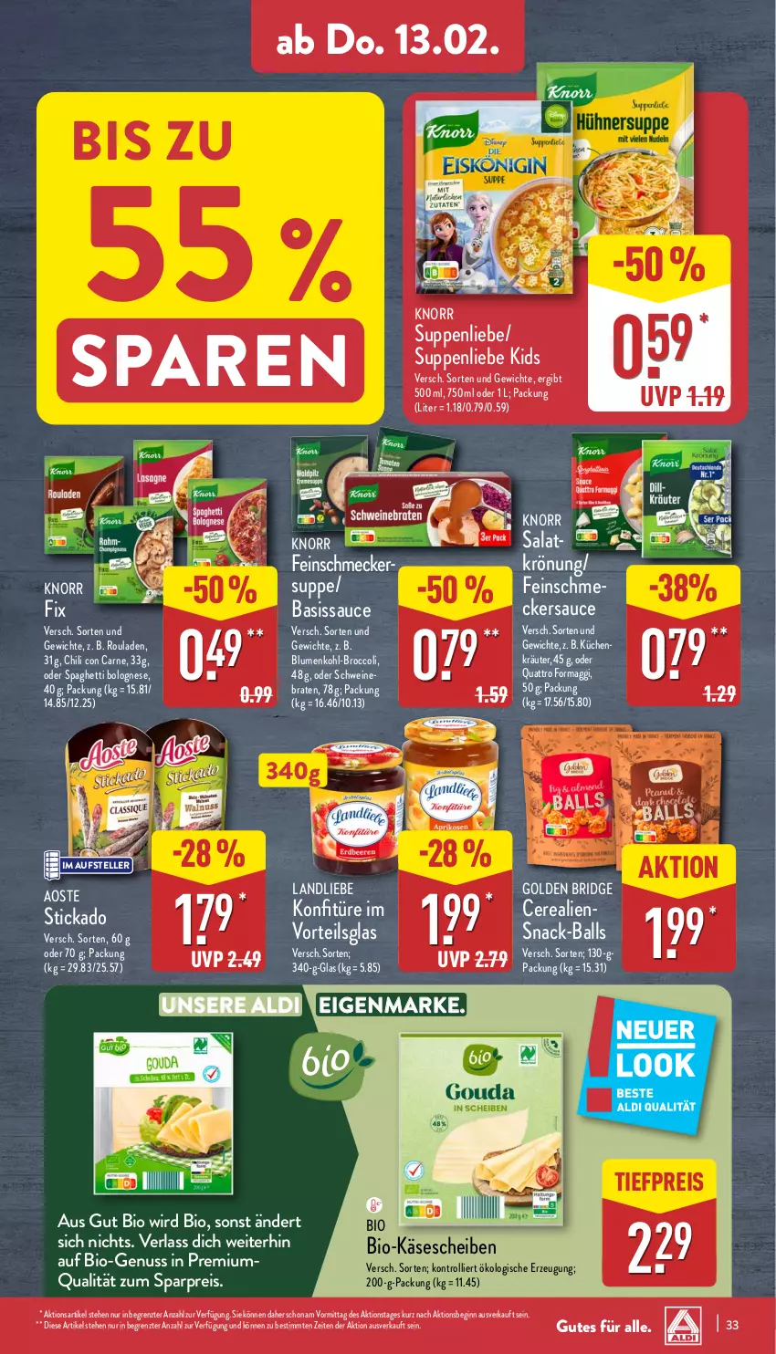 Aktueller Prospekt Aldi Nord - Von Montag - von 10.02 bis 15.02.2025 - strona 33 - produkty: aldi, aoste stickado, ball, bio, Bio-Käse, blume, blumen, blumenkohl, bolognese, braten, broccoli, cerealien, chili, eis, elle, feinschmecker, gin, Käse, knorr, knorr fix, konfitüre, kräuter, küche, Küchen, landliebe, maggi, nuss, reis, rouladen, salat, sauce, schwein, schweine, snack, spaghetti, spaghetti bolognese, stickado, suppe, suppen, suppenliebe, teller, Ti, tiefpreis, trolli, wein, weine, ZTE