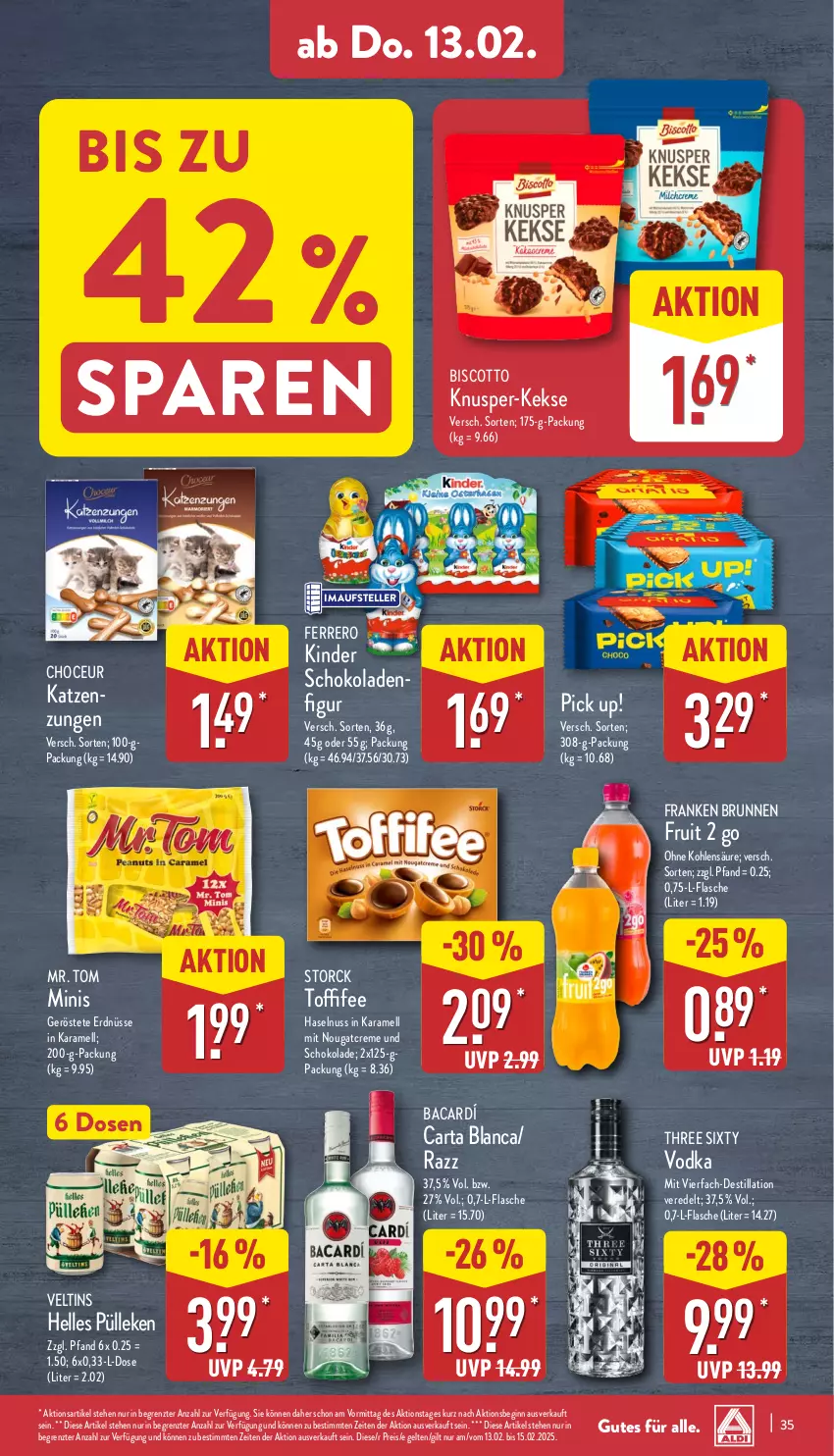 Aktueller Prospekt Aldi Nord - Von Montag - von 10.02 bis 15.02.2025 - strona 35 - produkty: biscotto, brunnen, creme, eis, elle, erdnüsse, ferrero, flasche, franken brunnen, gin, haselnuss, karamell, keks, kekse, Kinder, kinder schokolade, Nougatcreme, nuss, Pick Up!, reis, schoko, schokolade, schokoladen, storck, teller, Three Sixty, Ti, toffifee, veltins, vodka, ZTE