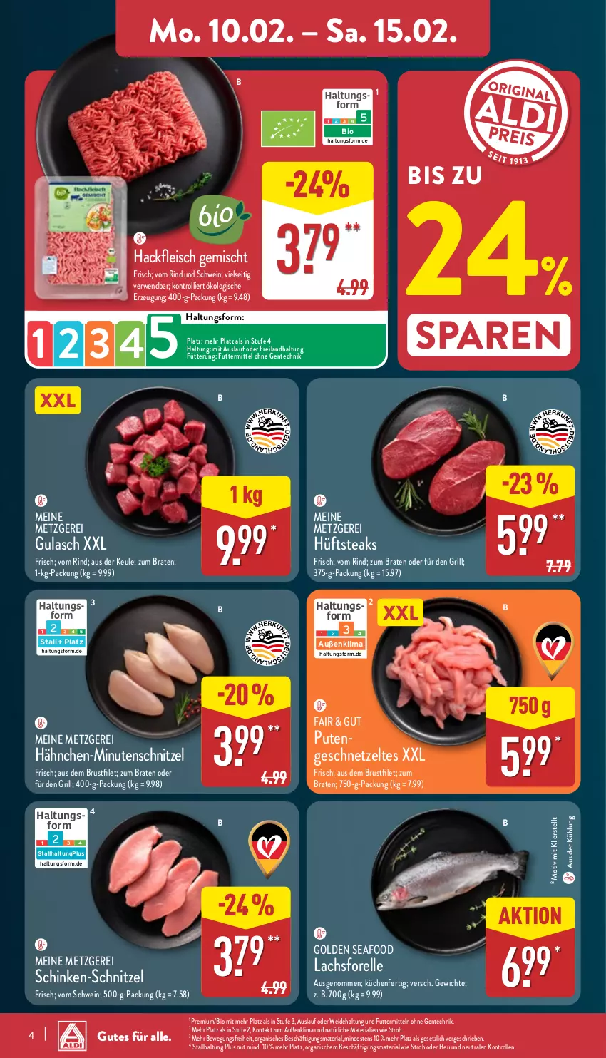 Aktueller Prospekt Aldi Nord - Von Montag - von 10.02 bis 15.02.2025 - strona 4 - produkty: bio, braten, brustfilet, eis, elle, ente, filet, fleisch, forelle, geschnetzeltes, grill, gulasch, hackfleisch, hackfleisch gemischt, Heu, hüftsteak, hüftsteaks, küche, Küchen, lachs, pute, rel, Ria, rind, rwe, schinken, schnitzel, schwein, steak, steaks, Ti, trolli, wein, Zelt