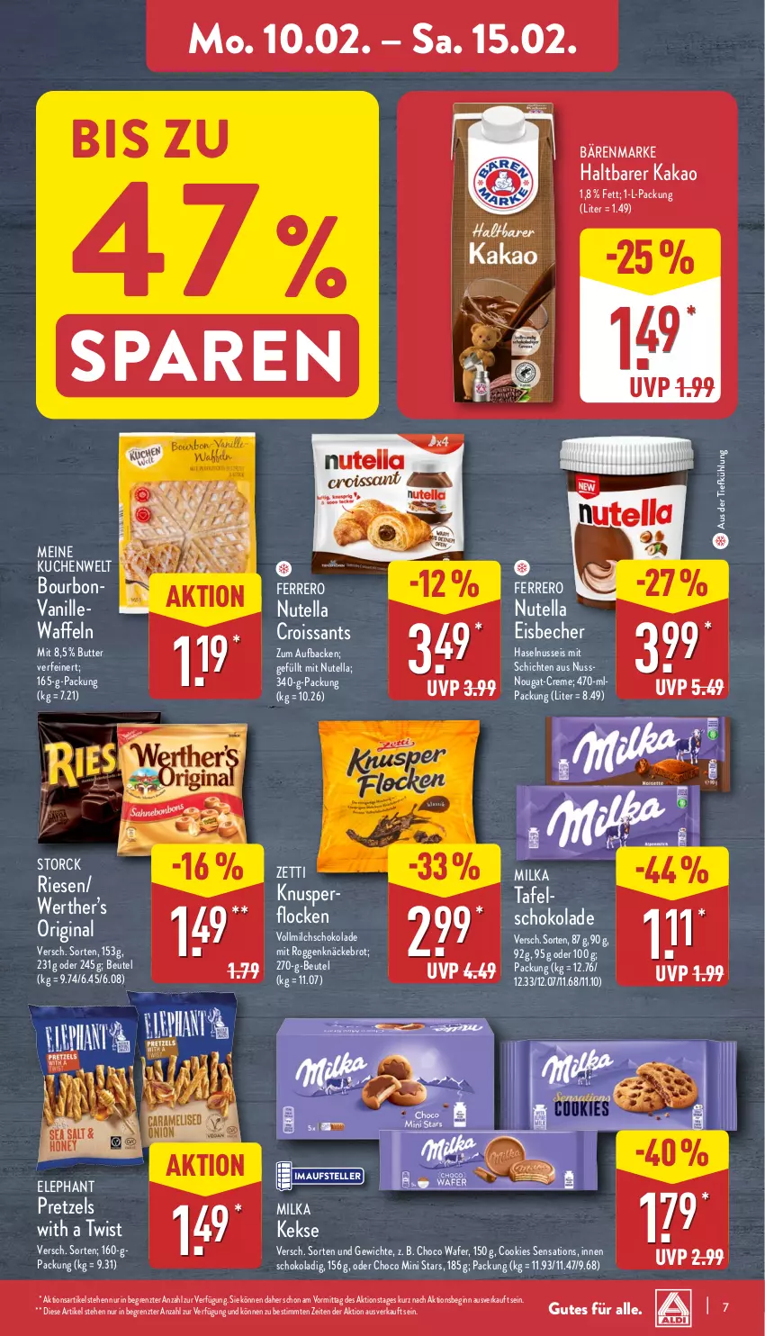 Aktueller Prospekt Aldi Nord - Von Montag - von 10.02 bis 15.02.2025 - strona 7 - produkty: aus der tiefkühlung, bärenmarke, Becher, beutel, bourbon, bourbonvanille, brot, butter, cookie, cookies, creme, Croissant, croissants, eis, eisbecher, elle, ferrero, gin, haselnuss, kakao, keks, kekse, knäckebrot, kuchen, milch, milka, nuss, nutella, Pretzel, schoko, schokolade, sensations, storck, teller, Ti, vanille, vollmilch, waffeln, ZTE