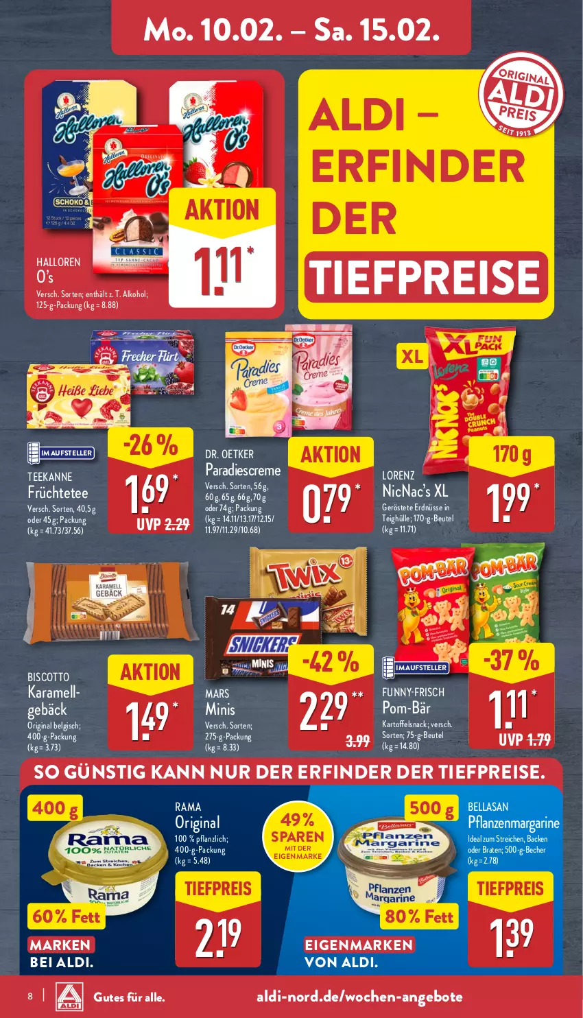 Aktueller Prospekt Aldi Nord - Von Montag - von 10.02 bis 15.02.2025 - strona 8 - produkty: aldi, alkohol, angebot, angebote, Becher, beutel, biscotto, braten, creme, Dr. Oetker, eis, elle, erdnüsse, früchte, Früchtetee, funny-frisch, gin, karamell, kartoffel, LG, lorenz, margarine, mars, pflanze, pflanzen, pom-bär, rama, reis, snack, tee, teekanne, teller, Ti, tiefpreis