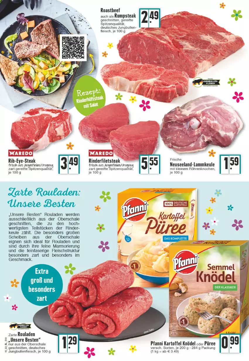 Aktueller Prospekt Edeka - Angebote der Woche - von 11.04 bis 16.04.2022 - strona 10 - produkty: eis, Elan, erde, filet, filets, fleisch, jungbullen, kartoffel, Knödel, lamm, lammkeule, leine, mac, pfanni, püree, rind, rinder, rinderfilet, rouladen, rum, rumpsteak, Schal, Schale, schnitten, Semmel, spitzenqualität, steak, Ti