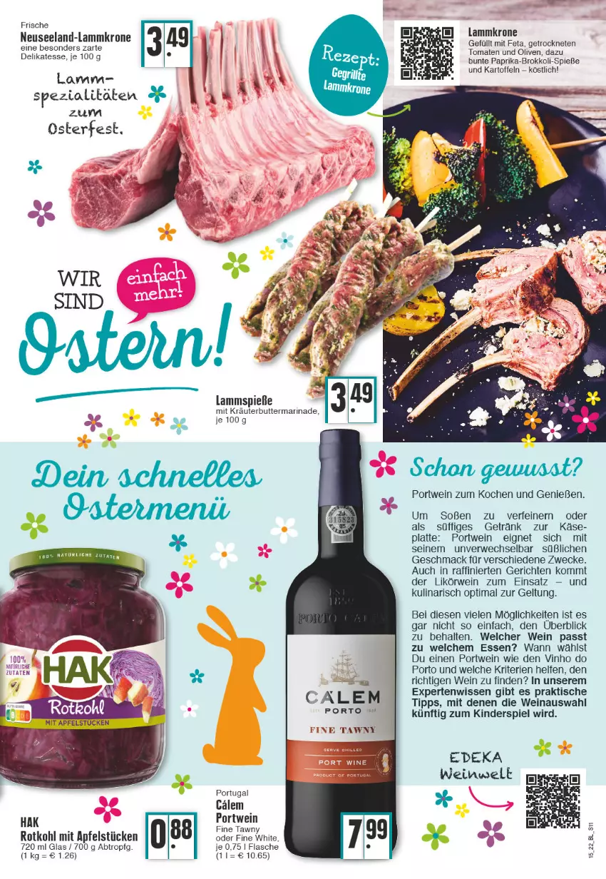 Aktueller Prospekt Edeka - Angebote der Woche - von 11.04 bis 16.04.2022 - strona 11 - produkty: apfel, brokkoli, butter, deka, Elan, elle, feta, flasche, getränk, kartoffel, kartoffeln, Käse, Kinder, Kinderspiel, kräuter, kräuterbutter, krone, lamm, Lammkrone, Lammspieße, latte, likör, mac, marinade, olive, oliven, paprika, Portwein, rotkohl, rwe, Soße, Spezi, Ti, tisch, tomate, tomaten, weck, wein