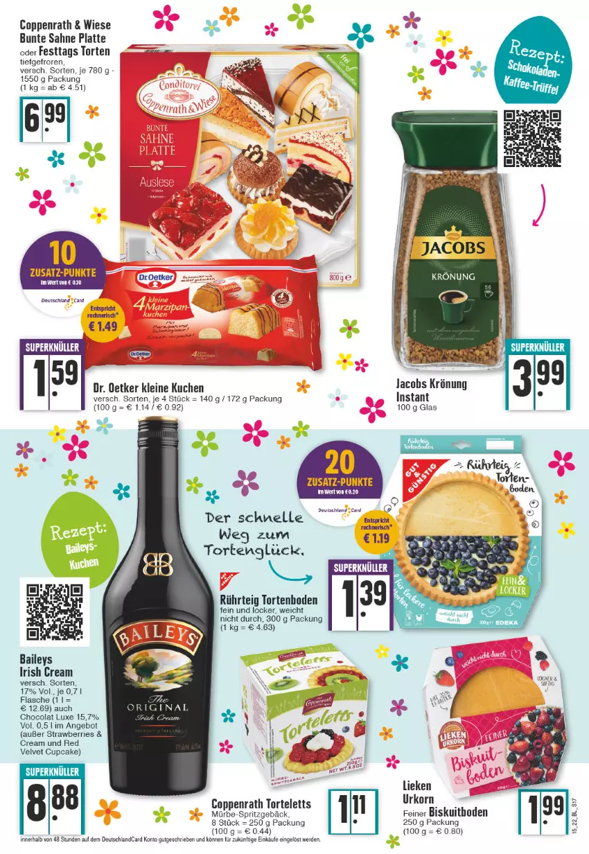 Aktueller Prospekt Edeka - Angebote der Woche - von 11.04 bis 16.04.2022 - strona 17 - produkty: angebot, baileys, cola, coppenrath, deutschland card, deutschlandcard, Dr. Oetker, eis, elle, erde, Festtags Torte, flasche, gin, irish cream, jacobs, jacobs krönung, korn, kuchen, latte, leine, lieken, sahne, Spritzgebäck, Ti, torte, urkorn, velvet