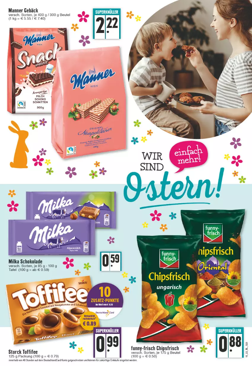 Aktueller Prospekt Edeka - Angebote der Woche - von 11.04 bis 16.04.2022 - strona 23 - produkty: beutel, chips, chipsfrisch, deutschlandcard, erde, funny-frisch, Manner, milch, milka, milka schokolade, schnitten, schoko, schokolade, storck, Ti, toffifee