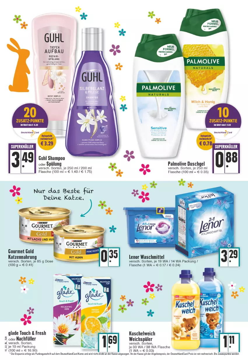 Aktueller Prospekt Edeka - Angebote der Woche - von 11.04 bis 16.04.2022 - strona 28 - produkty: Bau, bio, deutschlandcard, duschgel, eis, flasche, gourmet gold, Guhl, katzennahrung, Kuschelweich, lenor, lenor waschmittel, LG, olive, palmolive, reis, shampoo, spülung, Ti, waschmittel, weichspüler