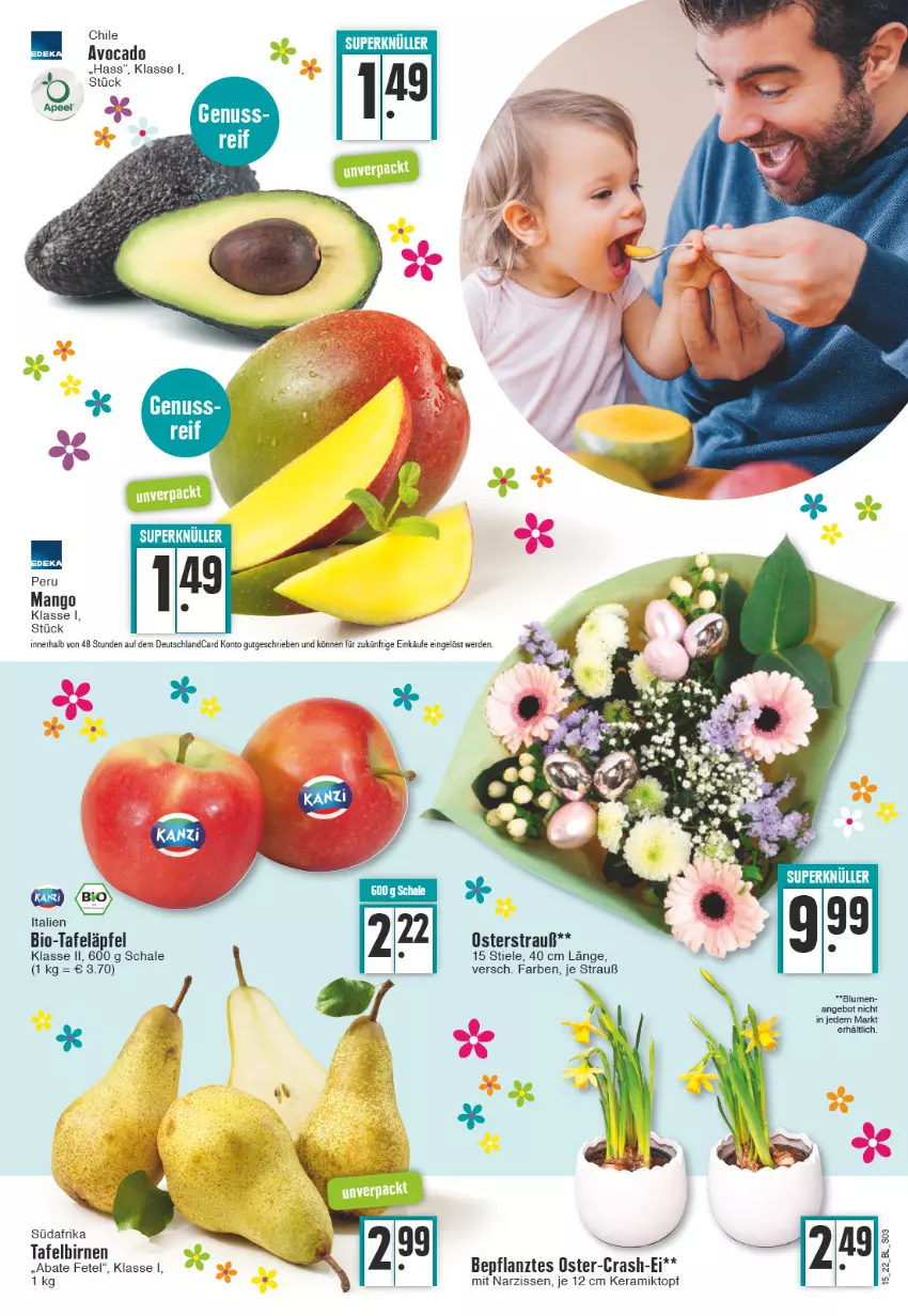 Aktueller Prospekt Edeka - Angebote der Woche - von 11.04 bis 16.04.2022 - strona 3 - produkty: angebot, avocado, bio, Birnen, blume, blumen, Narzissen, nuss, Schal, Schale, tafeläpfel, tafelbirnen, Ti, topf, ZTE