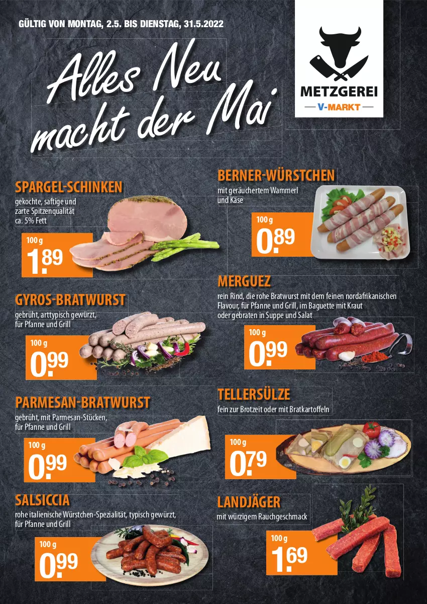 Aktueller Prospekt Vmarkt - Metzgerei - von 02.05 bis 31.05.2022 - strona 1 - produkty: baguette, braten, bratwurst, brot, elle, gewürz, grill, gyros, Käse, Kraut, landjäger, mac, merl, pfanne, Rauch, rind, saft, salat, salsiccia, schinken, spargel, Spezi, spitzenqualität, suppe, teller, Ti, wurst, würstchen