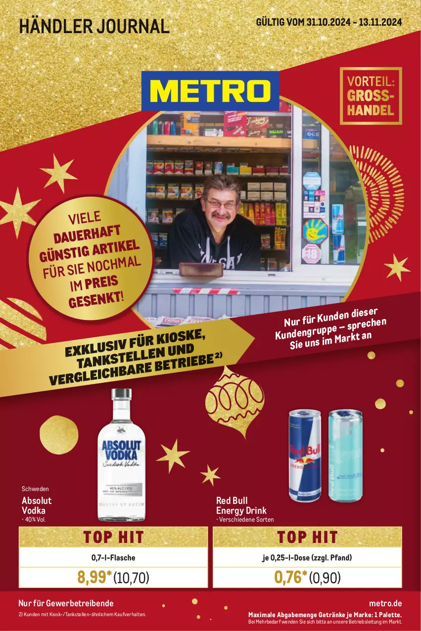 Aktueller Prospekt Metro - Händler Journal - von 31.10 bis 13.11.2024 - strona 1 - produkty: Absolut Vodka, auer, drink, eis, elle, energy drink, flasche, getränk, getränke, Metro, Palette, red bull, reis, Ti, vodka