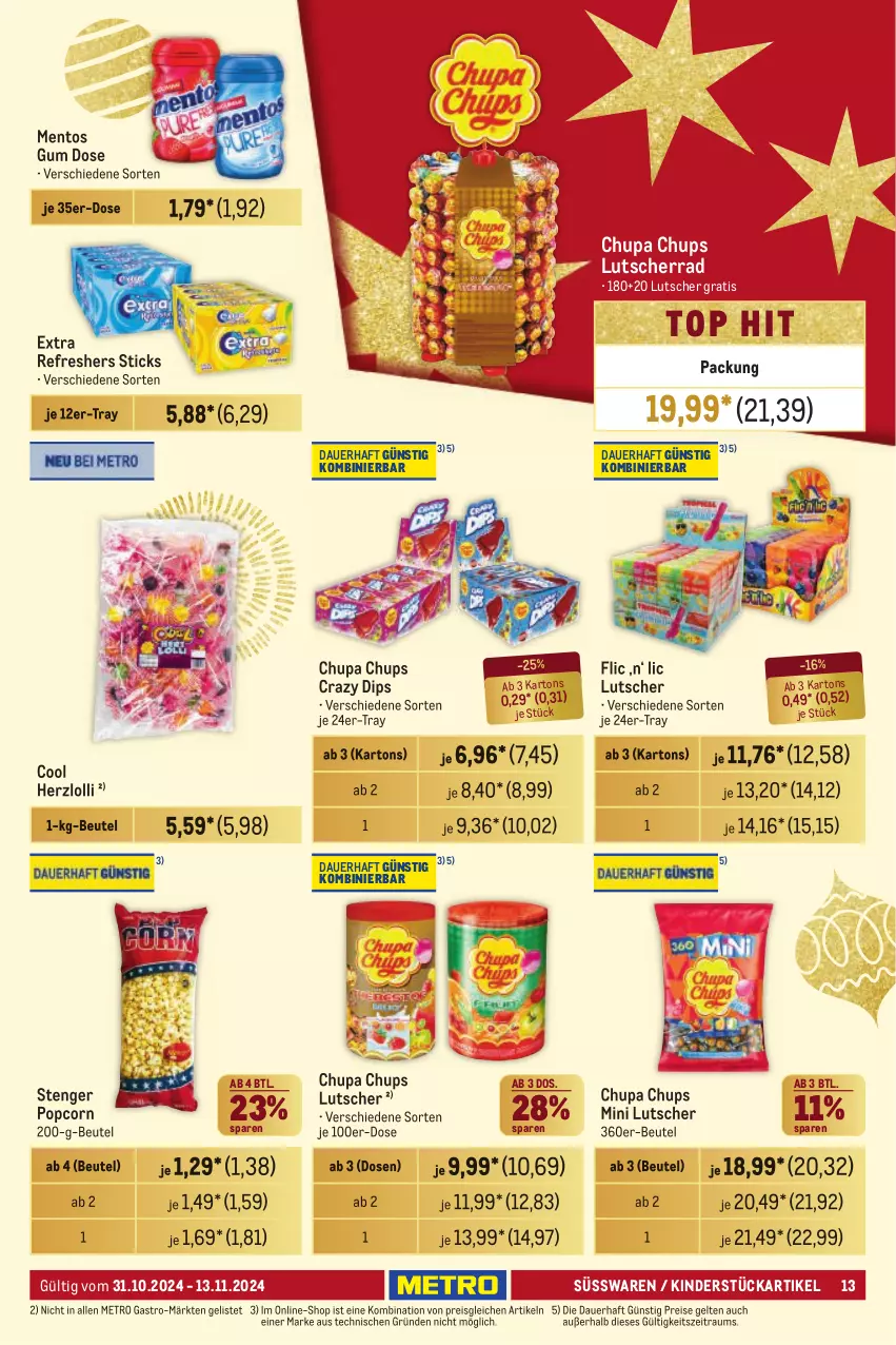 Aktueller Prospekt Metro - Händler Journal - von 31.10 bis 13.11.2024 - strona 13 - produkty: auer, beutel, chupa, chupa chups, dip, eis, Kinder, Lutscher, mentos, Metro, metro gastro, popcorn, reis, süsswaren, Ti