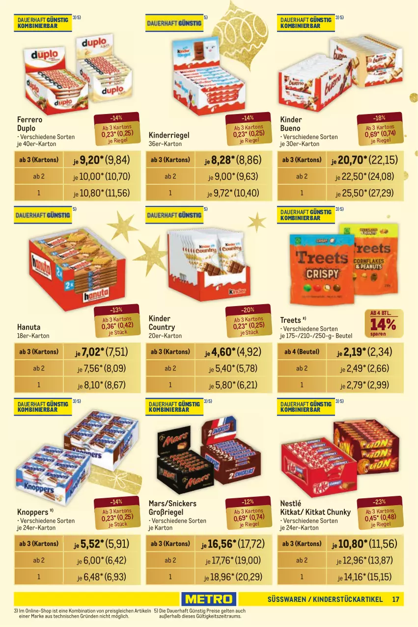 Aktueller Prospekt Metro - Händler Journal - von 31.10 bis 13.11.2024 - strona 17 - produkty: auer, beutel, duplo, eis, ferrero, hanuta, Kinder, kinder bueno, kinder country, kitkat, knoppers, mars, nestlé, reis, riegel, snickers, süsswaren, Ti