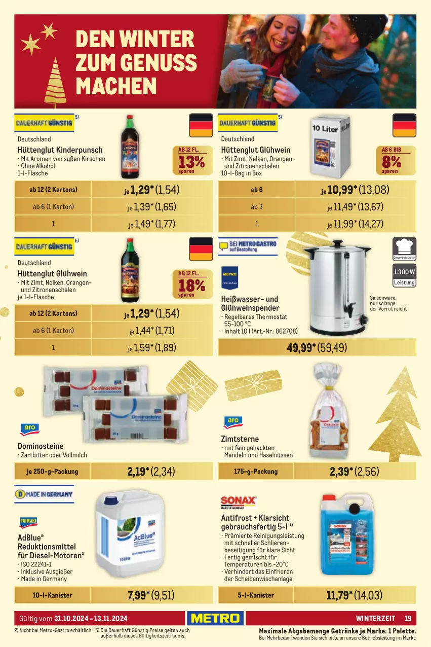 Aktueller Prospekt Metro - Händler Journal - von 31.10 bis 13.11.2024 - strona 19 - produkty: adblue, alkohol, auer, Diesel, Dominosteine, eis, elle, flasche, Germ, getränk, getränke, Glühwein, je 250-g-packung, Kinder, kirsch, kirsche, kirschen, mac, mandel, mandeln, Metro, milch, nuss, ohne alkohol, orange, orangen, Palette, Rauch, Reinigung, reis, Schal, Schale, thermostat, Ti, vollmilch, wasser, wein, zitrone, zitronen