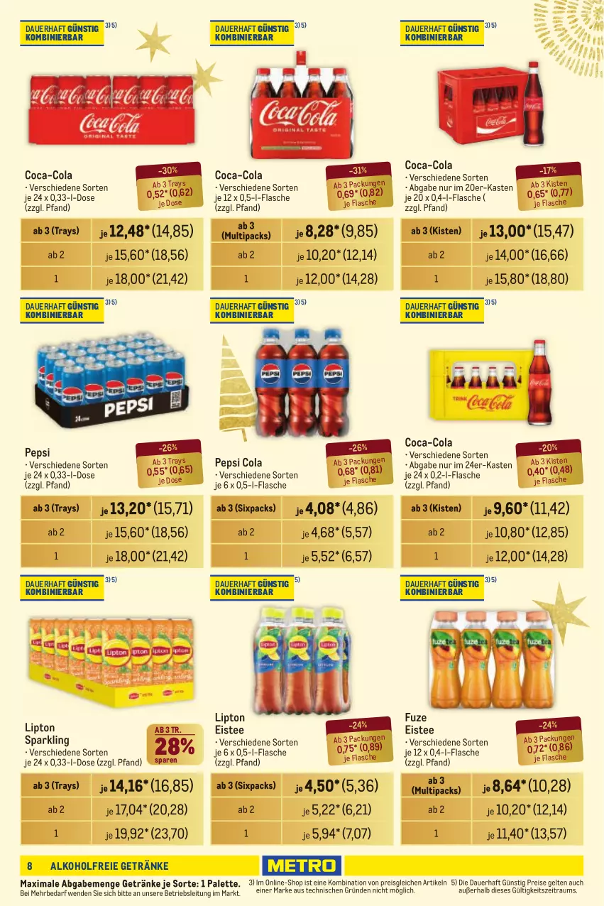 Aktueller Prospekt Metro - Händler Journal - von 31.10 bis 13.11.2024 - strona 8 - produkty: alkohol, alkoholfreie getränke, auer, coca-cola, cola, eis, eistee, flasche, getränk, getränke, lipton, Palette, pepsi, Pepsi Cola, reis, tee, Ti