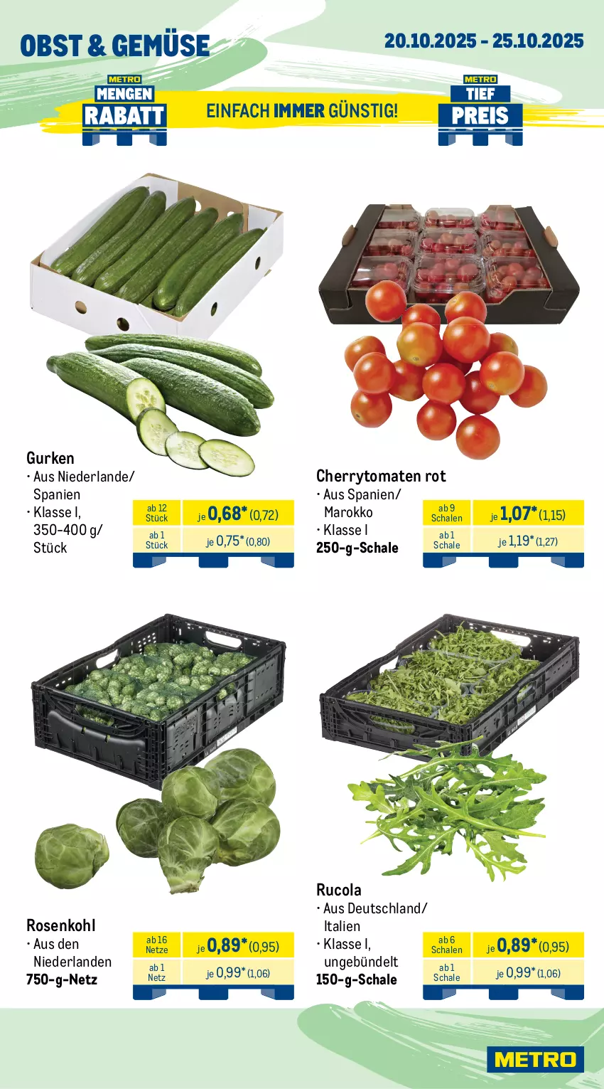 Aktueller Prospekt Metro - Wochen-Angebote - von 20.10 bis 25.10.2025 - strona 10 - produkty: angebot, arla, Becher, beutel, cherrytomaten, cola, eis, gurke, gurken, joghur, joghurt, Käse, mac, milch, mozzarella, obst, reis, rel, rosen, Rosenkohl, rucola, sahne, Sahnejoghurt, salakis, salz, schafskäse, Schal, Schale, Ti, tisch, tomate, tomaten