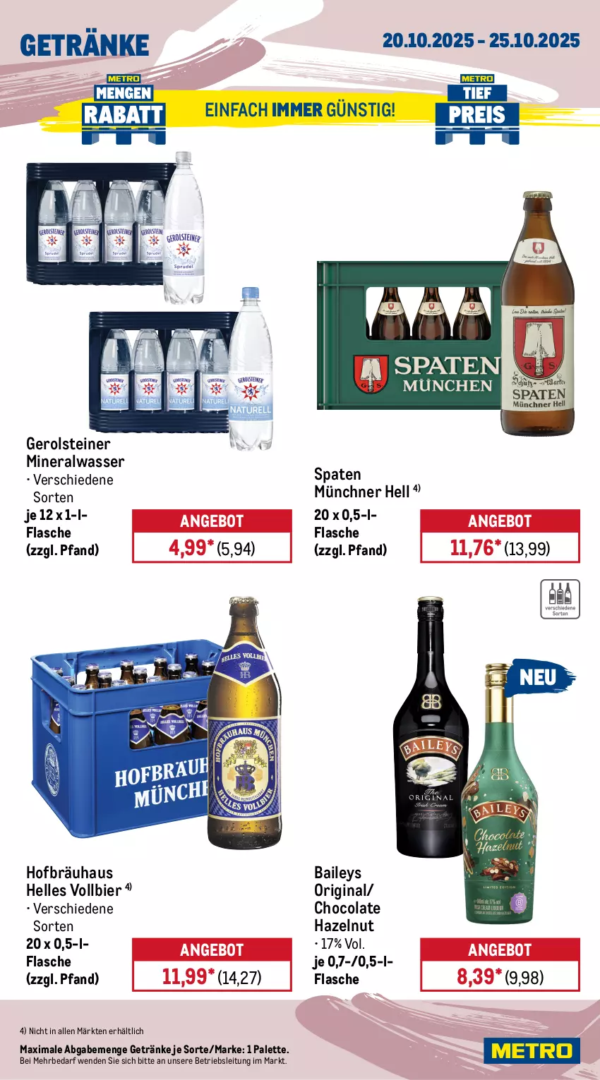 Aktueller Prospekt Metro - Wochen-Angebote - von 20.10 bis 25.10.2025 - strona 15 - produkty: Alwa, angebot, baileys, beutel, bier, bohne, cola, eis, elle, espresso, flasche, frucht, fruchtsaft, gerolsteine, gerolsteiner, getränk, getränke, gin, Happy Day, kaffee, mars, Metro, mineralwasser, Palette, Rauch, reis, röstkaffee, saft, Spaten, steiner, Ti, wasser