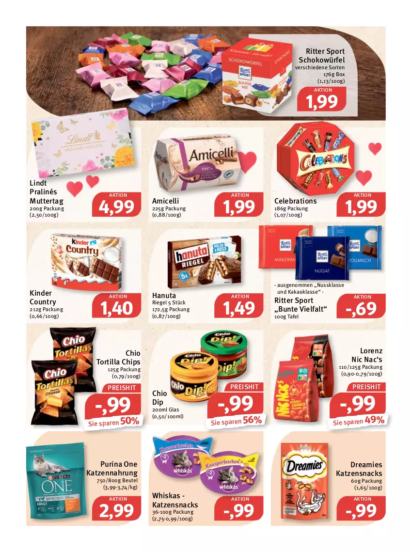 Aktueller Prospekt Feneberg - Prospekte - von 05.05 bis 07.05.2022 - strona 14 - produkty: amicelli, beutel, chips, dip, dreamies, eis, hanuta, kakao, katzennahrung, katzensnack, katzensnacks, Kinder, kinder country, lindt, lorenz, nuss, purina, reis, riegel, ritter, ritter sport, schoko, schokowürfel, snack, snacks, Sport, Ti, tortilla, Tortilla Chips, whiskas, würfel