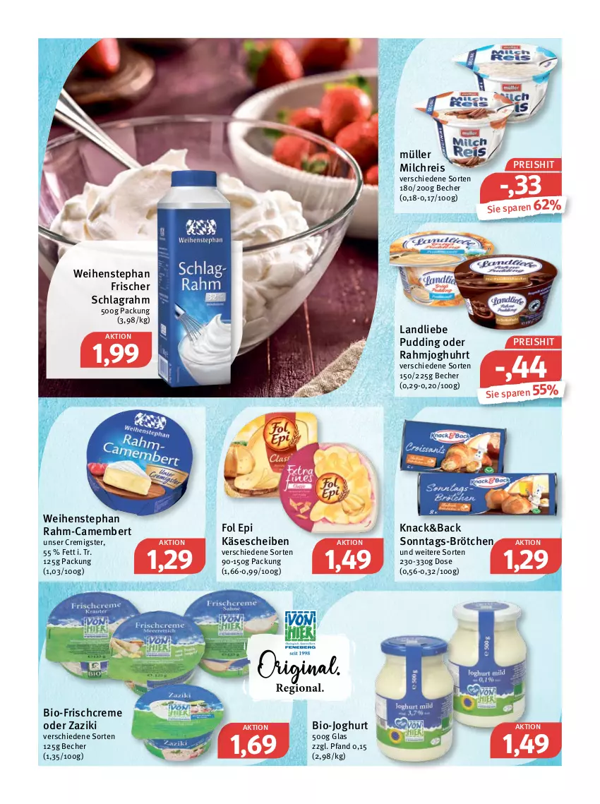 Aktueller Prospekt Feneberg - Prospekte - von 05.05 bis 07.05.2022 - strona 7 - produkty: Becher, bio, bio-joghurt, brötchen, camembert, creme, eis, fol epi, joghur, joghurt, Käse, käsescheiben, landliebe, milch, milchreis, Müller, pudding, reis, schlagrahm, Ti, uhr, weihenstephan, zaziki