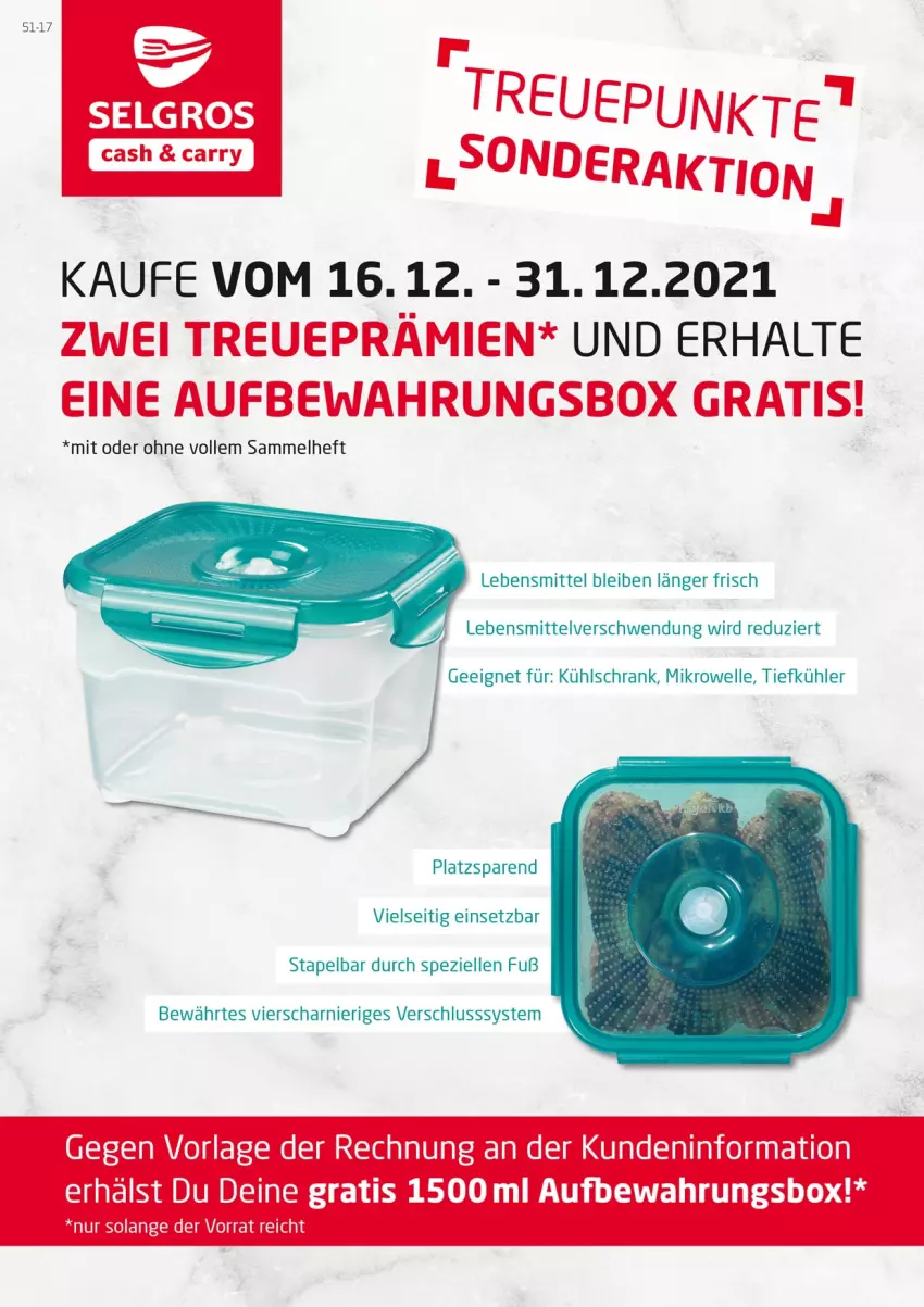 Aktueller Prospekt Selgros - Vorschau:
            Treueaktion - von 16.12 bis 31.12.2021 - strona 1 - produkty: aufbewahrungsbox, elle, kühlschrank, lebensmittel, LG, mikrowelle, Schrank, Spezi, tee, Ti