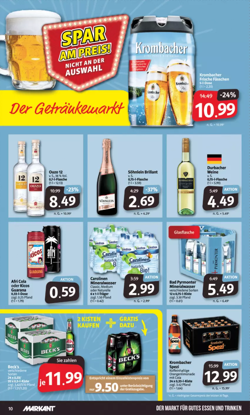 Aktueller Prospekt Markant - Prospekte - von 09.10 bis 14.10.2023 - strona 10 - produkty: Afri Cola, Alwa, Bad, cola, elle, flasche, gutes essen, krombache, krombacher, limo, limonade, mineralwasser, monte, natur, orange, orangen, ouzo, ouzo 12, Rana, rel, Spezi, Ti, wasser, wein, weine