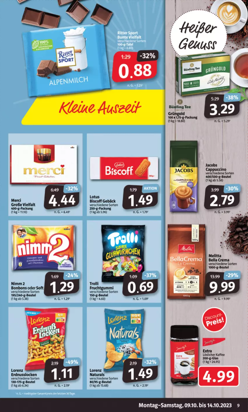 Aktueller Prospekt Markant - Prospekte - von 09.10 bis 14.10.2023 - strona 9 - produkty: beutel, biscoff, bonbons, Cap, cappuccino, cin, erdnuss, frucht, fruchtgummi, jacobs, kaffee, lorenz, löslicher kaffee, merci, natur, natura, nuss, trolli, trolli fruchtgummi