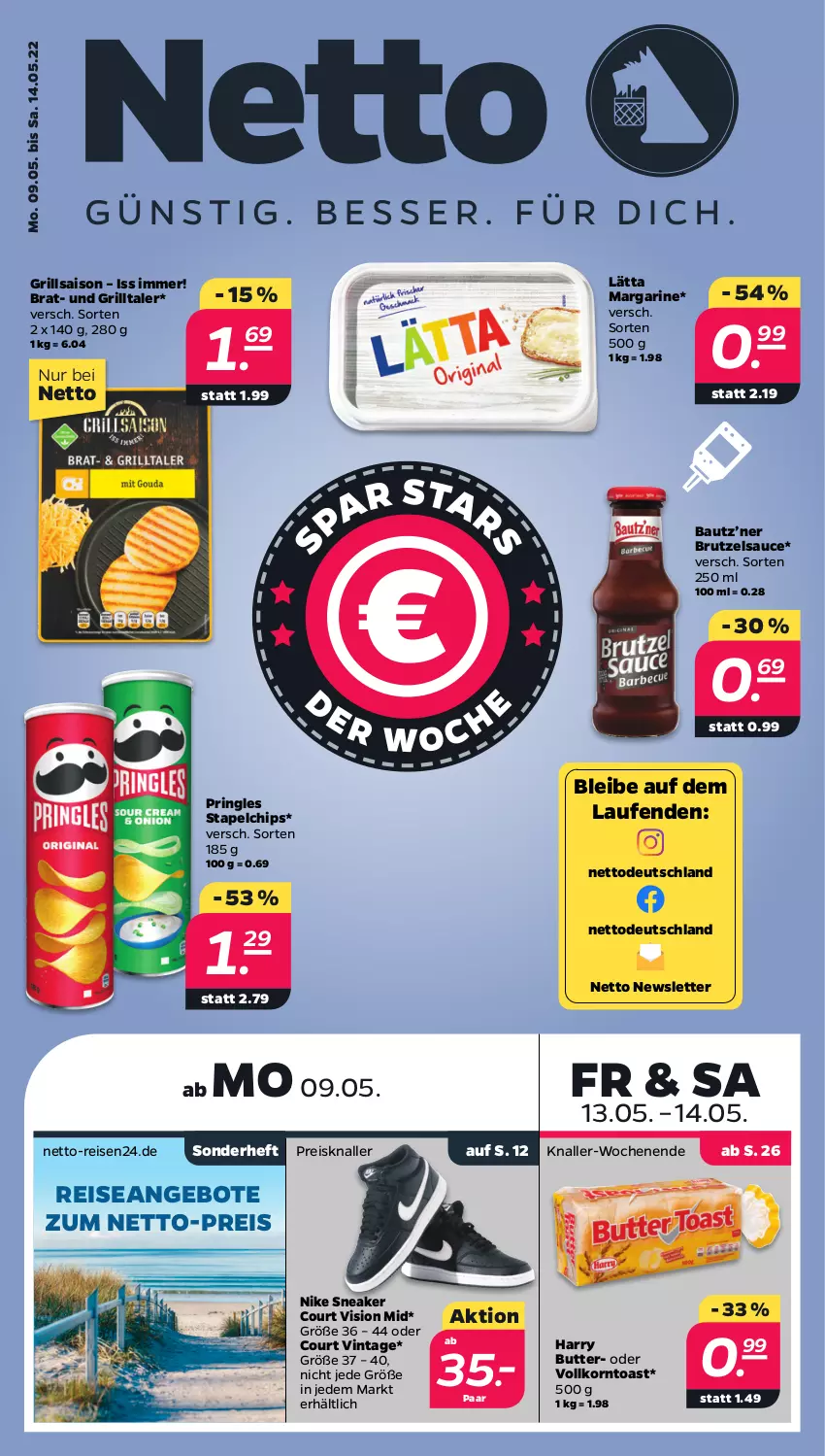 Aktueller Prospekt Netto - Angebote ab Montag - von 09.05 bis 14.05.2022 - strona 1 - produkty: angebot, angebote, Bau, brut, butter, chips, eis, grill, korn, lätta, Laufen, margarine, Nike, pringles, reis, ring, sauce, sneaker, Ti, toast