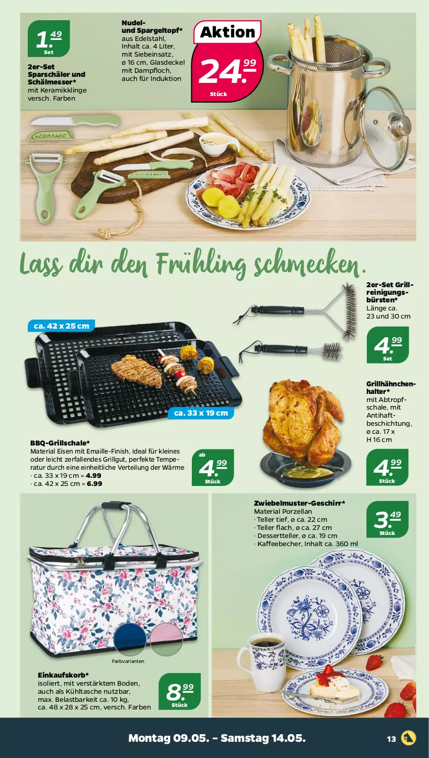 Aktueller Prospekt Netto - Angebote ab Montag - von 09.05 bis 14.05.2022 - strona 13 - produkty: Becher, bürste, bürsten, decke, Deckel, dessert, Dessertteller, edelstahl, einkaufskorb, eis, elle, Finish, geschirr, Glasdeckel, grill, grillhähnchen, kaffee, kaffeebecher, korb, kühltasche, leine, LG, maille, messer, nudel, Reinigung, reinigungsbürste, Ria, Schal, Schale, spargel, Tasche, teller, Ti, topf, zwiebel