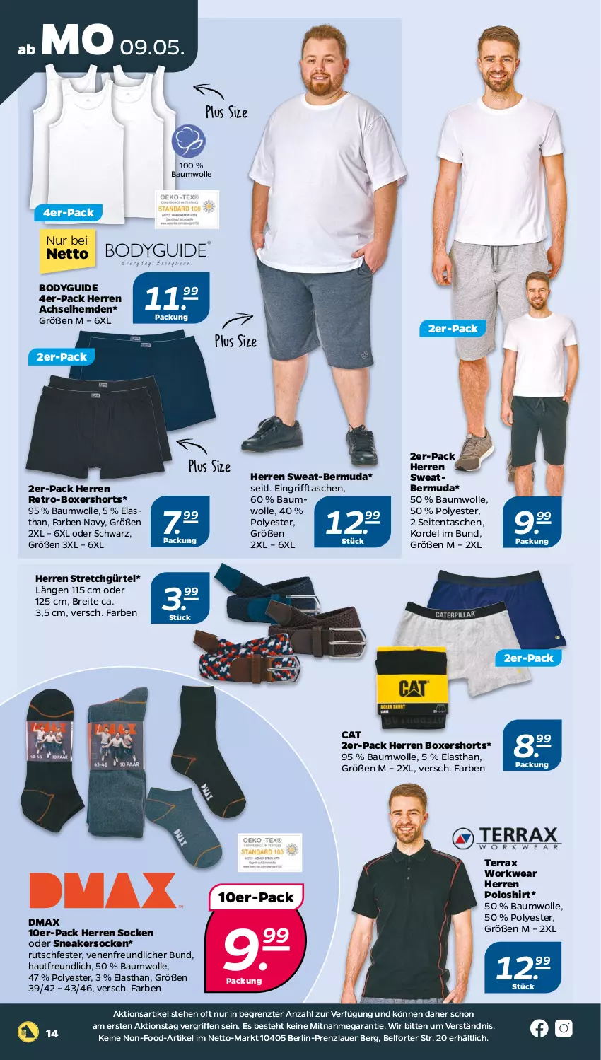 Aktueller Prospekt Netto - Angebote ab Montag - von 09.05 bis 14.05.2022 - strona 14 - produkty: achselhemd, auer, Bau, baumwolle, bermuda, body, Brei, hemd, hemden, herren poloshirt, poloshirt, shirt, shorts, sneaker, sneakersocken, socken, Tasche, taschen, Ti, wolle, ZTE