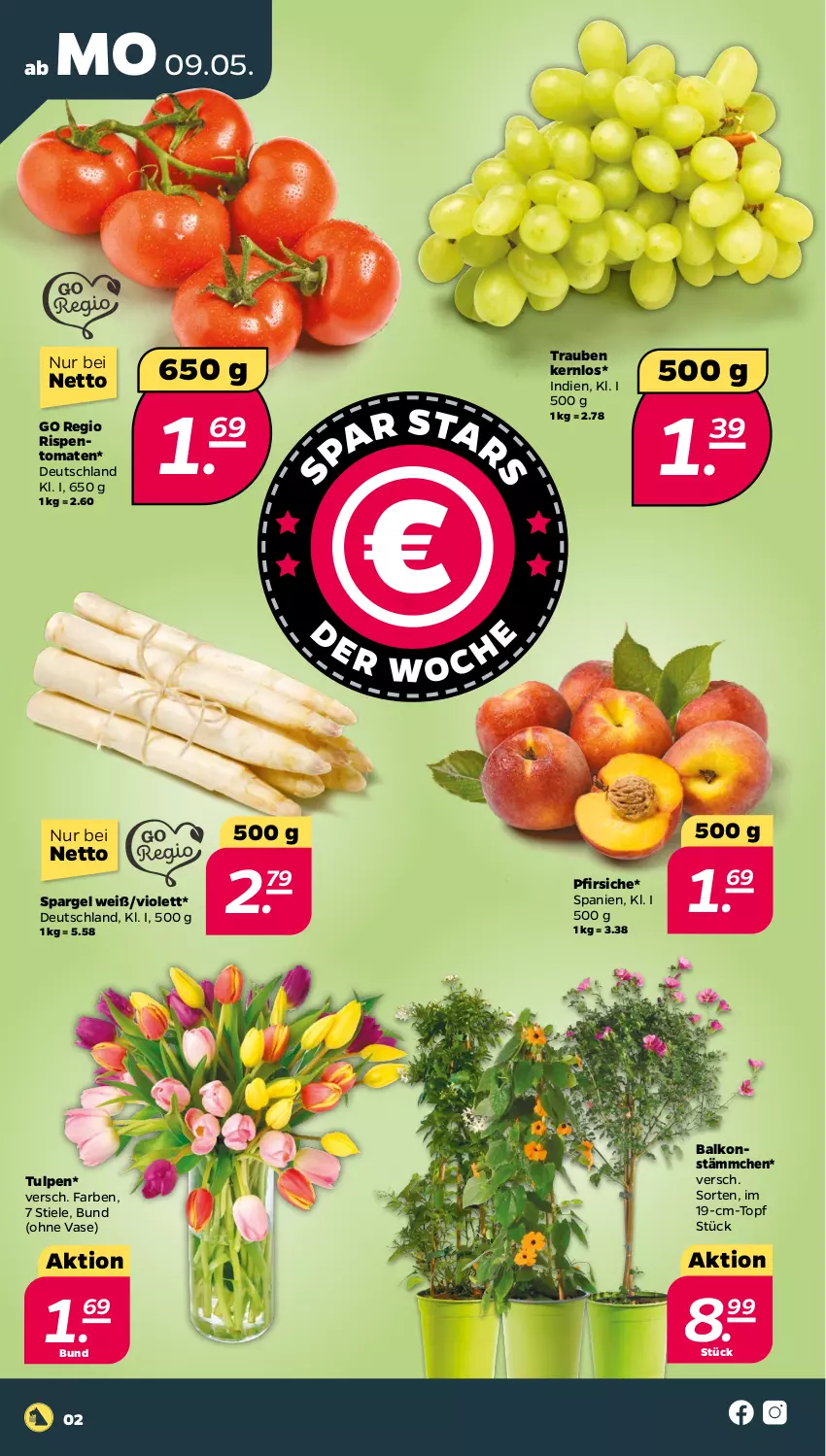 Aktueller Prospekt Netto - Angebote ab Montag - von 09.05 bis 14.05.2022 - strona 2 - produkty: pfirsich, pfirsiche, rispentomaten, spargel, Ti, tomate, tomaten, topf, trauben, Vase