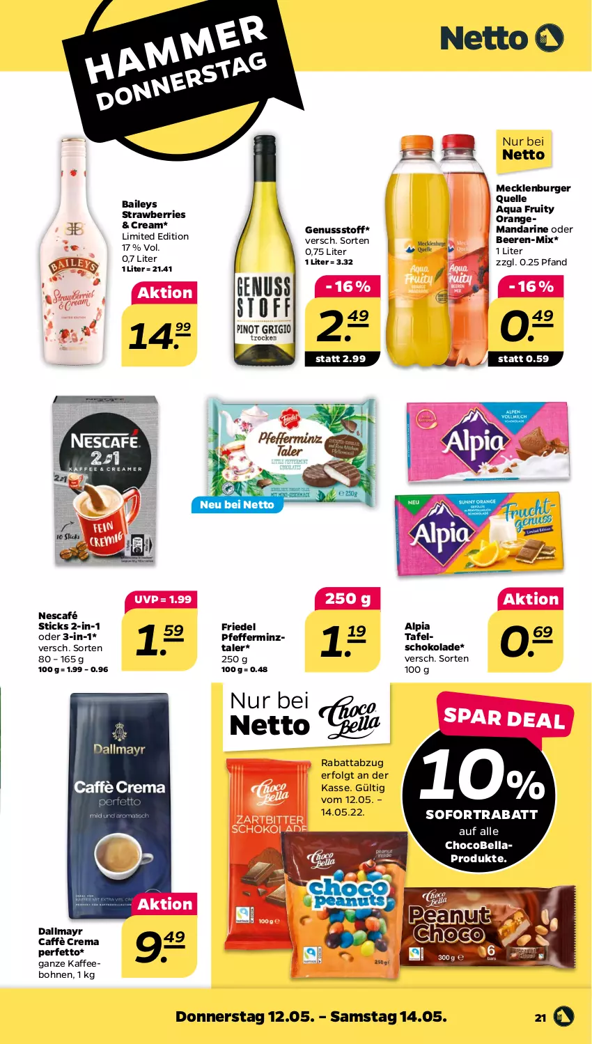 Aktueller Prospekt Netto - Angebote ab Montag - von 09.05 bis 14.05.2022 - strona 21 - produkty: alpia, aqua, baileys, beere, beeren, bohne, bohnen, burger, caffè crema, dallmayr, elle, kaffee, kaffeebohnen, LG, mandarine, Nescafé, nuss, orange, pfeffer, schoko, schokolade, sofortrabatt, tafelschokolade, Ti