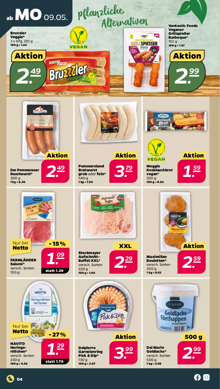 Aktueller Prospekt Netto - Angebote ab Montag - von 09.05 bis 14.05.2022 - strona 4 - produkty: asti, aufschnitt, bratwurst, brot, dip, garnelen, grill, Grillspieße, hering, Herings, knoblauch, lachs, meggle, Rauch, ring, salami, stockmeyer, Ti, veggie, wurst