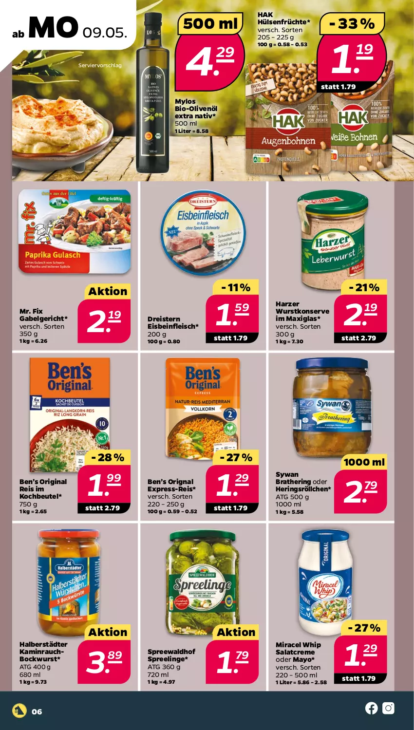 Aktueller Prospekt Netto - Angebote ab Montag - von 09.05 bis 14.05.2022 - strona 6 - produkty: Ben’s Original, beutel, bio, Bio-Olivenöl, bockwurst, creme, dreistern, eis, express-reis, fleisch, früchte, gabel, gin, hering, Herings, hülsenfrüchte, Kamin, kochbeutel, LG, miracel, miracel whip, olive, oliven, olivenöl, olivenöl extra, Rauch, reis, ring, salat, salatcreme, senf, spreewaldhof, Ti, wurst, Yo