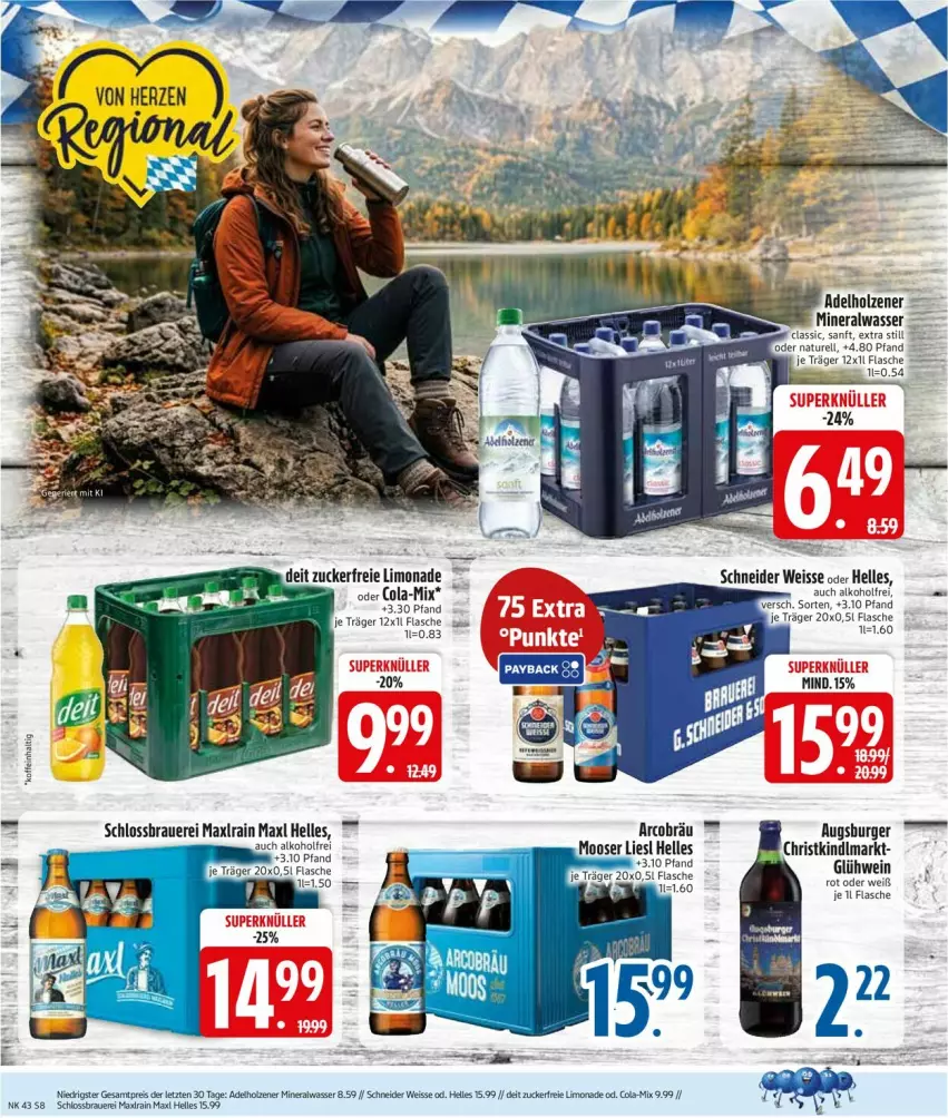 Aktueller Prospekt Edeka - Prospekte - von 19.10 bis 24.10.2026 - strona 10 - produkty: adelholzener, alkohol, Alwa, auer, burger, cola, eis, elle, flasche, Holz, Maxl Helles, mineralwasser, Mineralwasser Classic, natur, rel, Ti, wasser, wein, ZTE