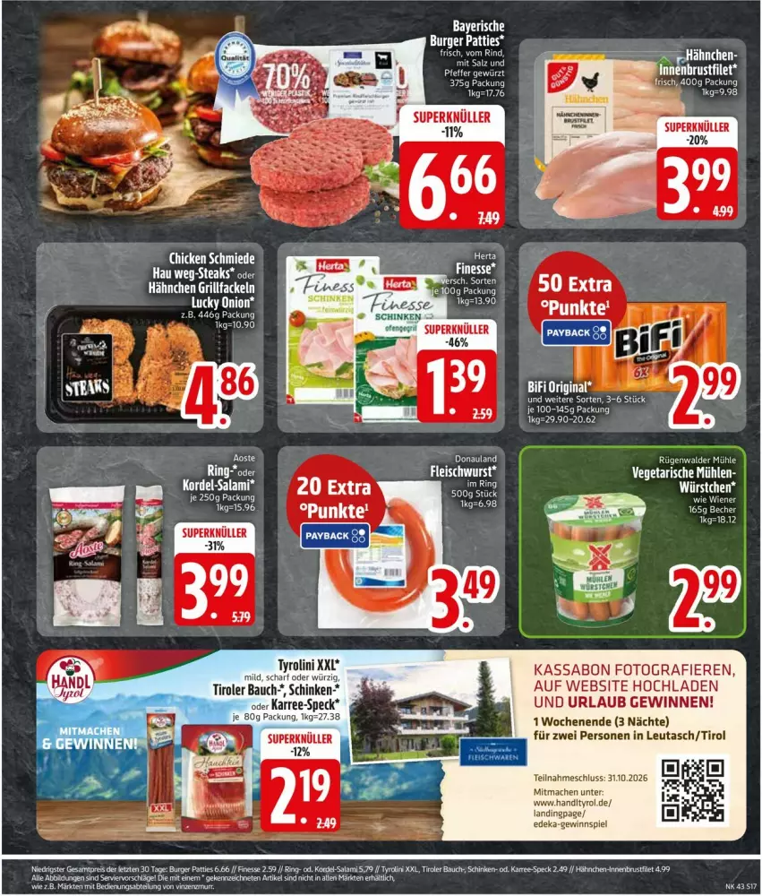 Aktueller Prospekt Edeka - Prospekte - von 19.10 bis 24.10.2026 - strona 19 - produkty: Abtei, Bau, Becher, bifi, brustfilet, burger, deka, eis, filet, finesse, fleisch, fleischwurst, gewinnspiel, gin, grill, grillfackeln, HP, mac, reis, ring, salami, schinken, Speck, steak, steaks, Ti, Vegeta, wurst, ZTE