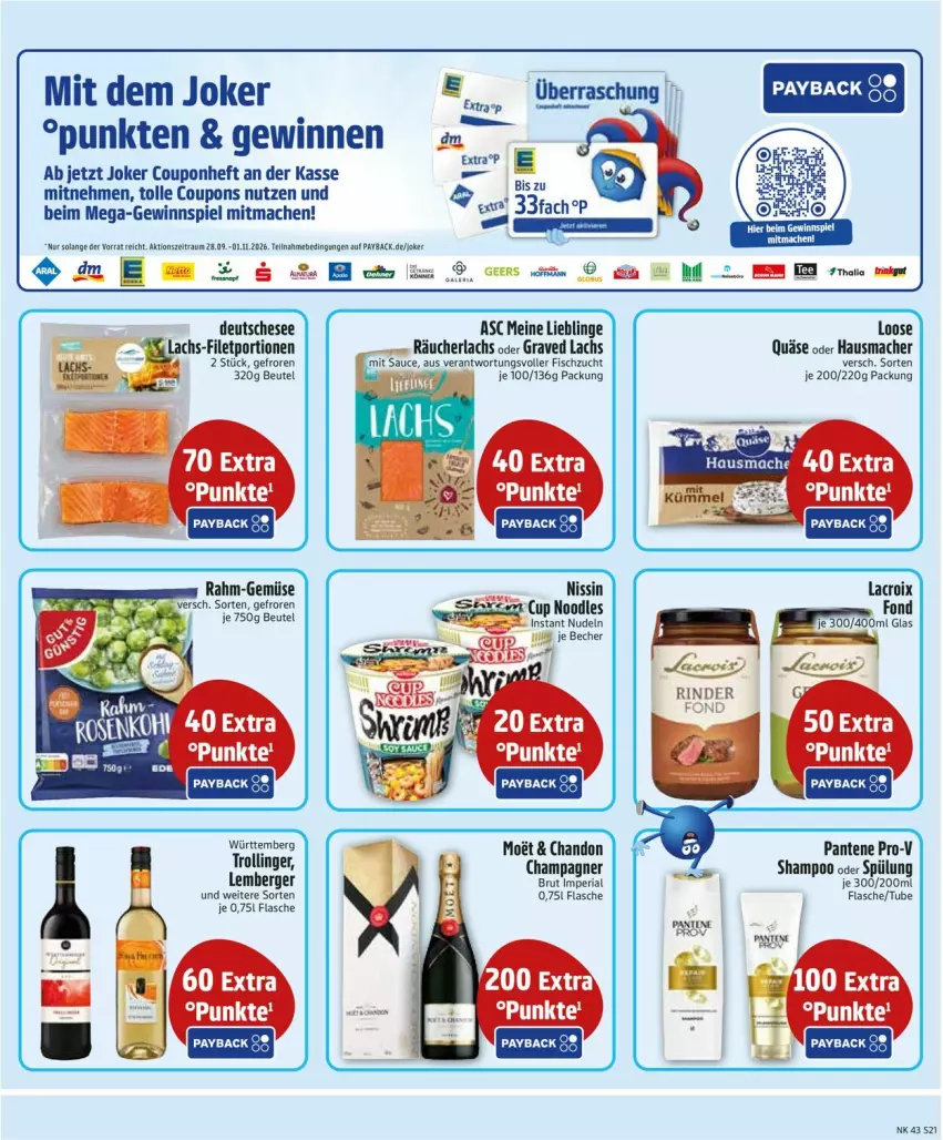 Aktueller Prospekt Edeka - Prospekte - von 19.10 bis 24.10.2026 - strona 23 - produkty: Berger, beutel, brut, champagne, champagner, coupon, coupons, filet, fisch, flasche, gewinnspiel, Graved Lachs, Hausmacher, lachs, Loose, mac, Nissin, nudel, nudeln, pantene, pantene pro-v, payback, pro-v, quäse, rahm-gemüse, Räucherlachs, Ria, rind, rinder, shampoo, spülung, Ti
