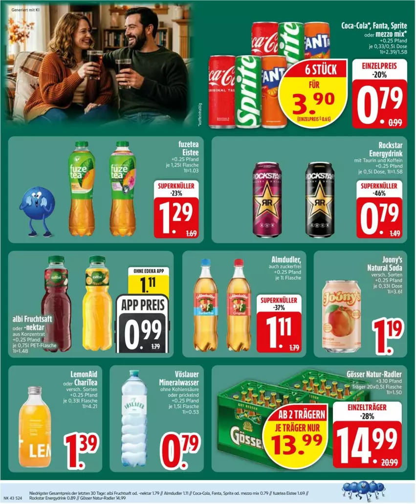 Aktueller Prospekt Edeka - Prospekte - von 19.10 bis 24.10.2026 - strona 26 - produkty: almdudler, Alwa, auer, coca-cola, cola, drink, eis, eistee, fanta, flasche, frucht, fruchtsaft, fuzetea, gösser, Mezzo Mix, mineralwasser, natur, natura, Nektar, radler, reis, Rockstar, saft, Soda, sprite, tee, vöslauer, wasser, ZTE