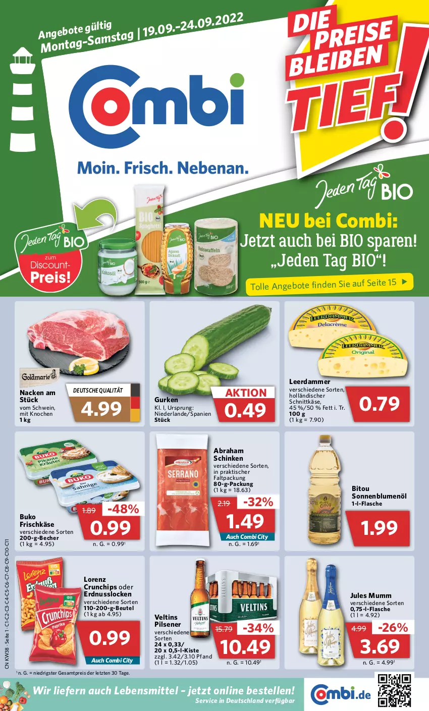 Aktueller Prospekt Combi - Prospekte - von 19.09 bis 24.09.2022 - strona 1 - produkty: angebot, angebote, Becher, beutel, bio, blume, blumen, blumenöl, Buko, chips, crunchips, eis, elle, erdnuss, flasche, frischkäse, gurke, gurken, holländischer schnittkäse, jules mumm, Käse, lebensmittel, leerdammer, lorenz, lorenz crunchips, mumm, nuss, pils, pilsener, reis, schinken, schnittkäse, schwein, sonnenblume, sonnenblumen, sonnenblumenöl, Ti, tisch, veltins, veltins pilsener, wein, ZTE