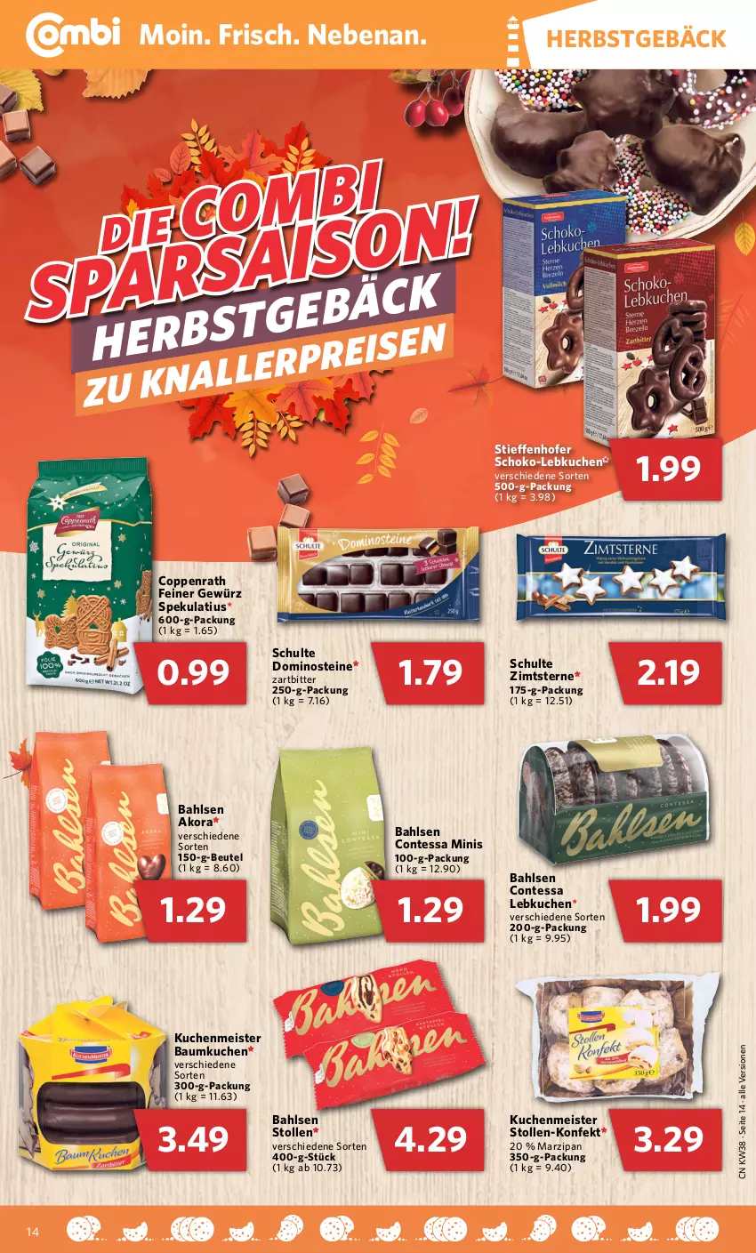 Aktueller Prospekt Combi - Prospekte - von 19.09 bis 24.09.2022 - strona 14 - produkty: bahlsen, Bau, beutel, coppenrath, Dominosteine, eis, gewürz, kuchen, kuchenmeister, Lebkuchen, marzipan, Meister, schoko, Stollen, Ti